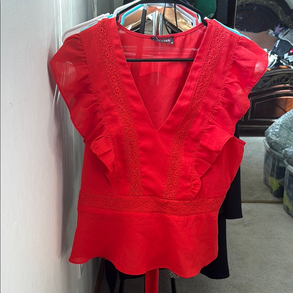 Lulumari Red Ruffled Peplum Blouse